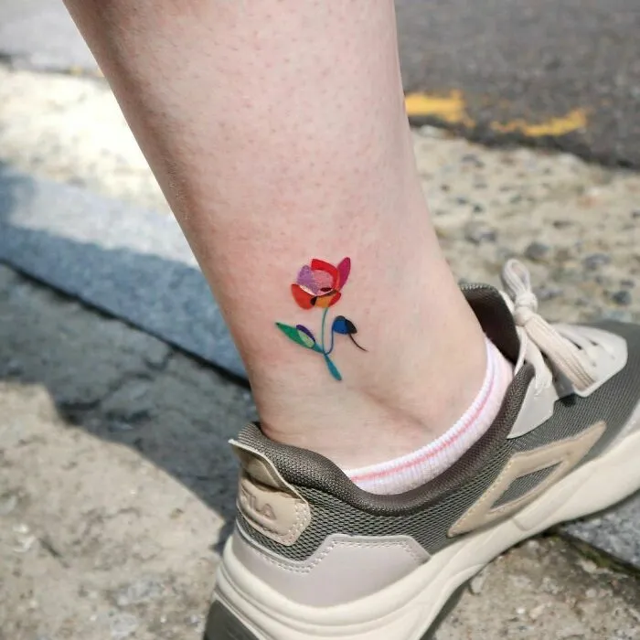 Colorful Cubism Flower Ankle Tattoo