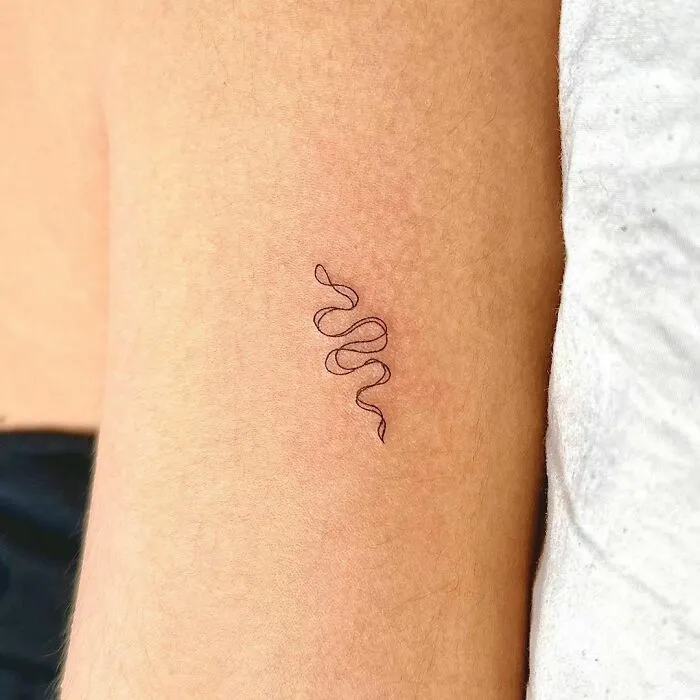 Minimalist snake tattoo design on forearm.