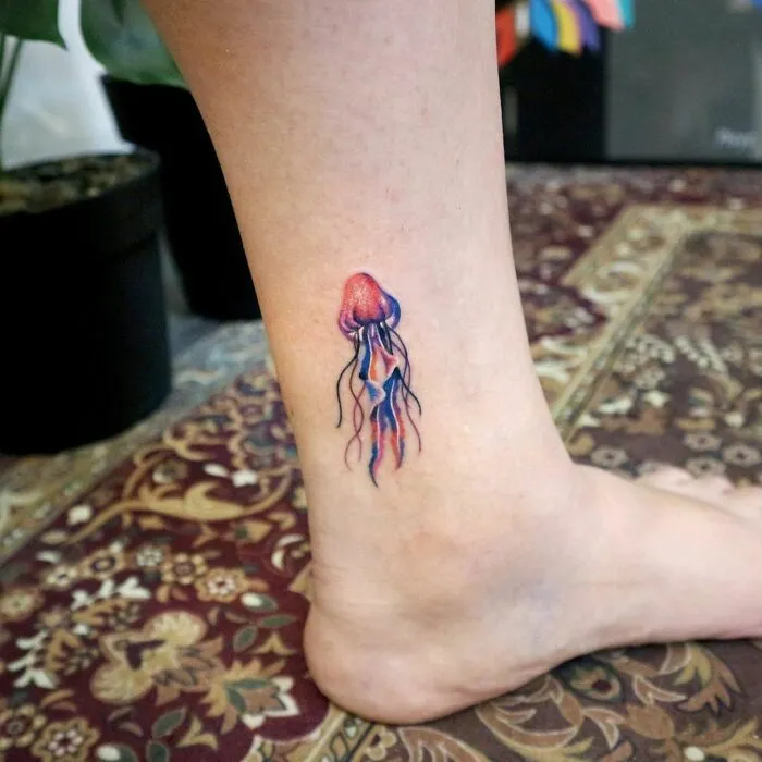 Colorful Jellyfish Ankle Tattoo