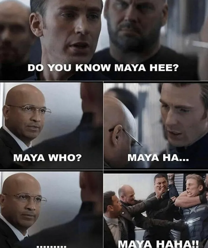 Characters engaged in a pun joke about "Maya Hee," creating a funny meme moment for pun enthusiasts.