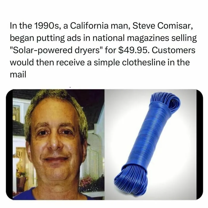 Man promoting solar-powered dryers as a joke, with a picture of a blue clothesline.