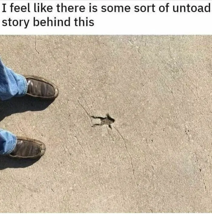 Shoes on pavement with a toad-shaped mark, captioned humorously for pun enthusiasts.