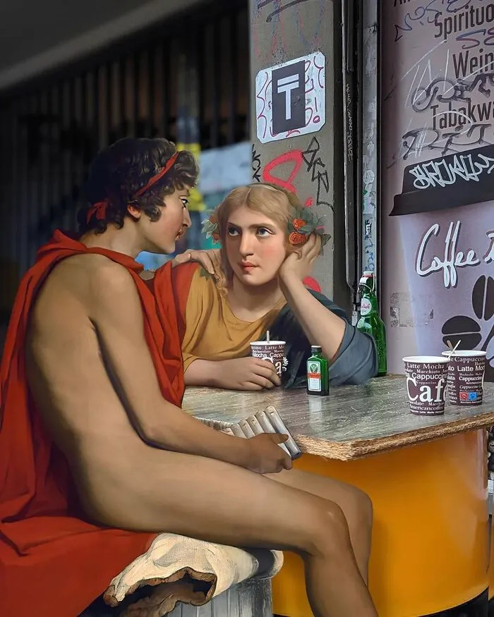 An image of a man and a woman from "Daphnis And Chloe" in a bar