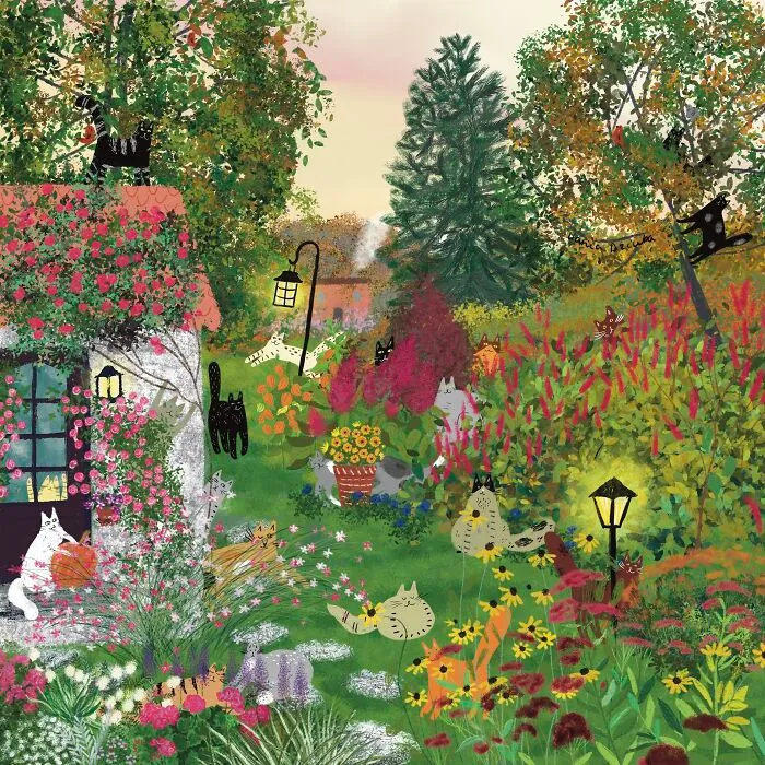 Cats In A Garden At The Sunset
