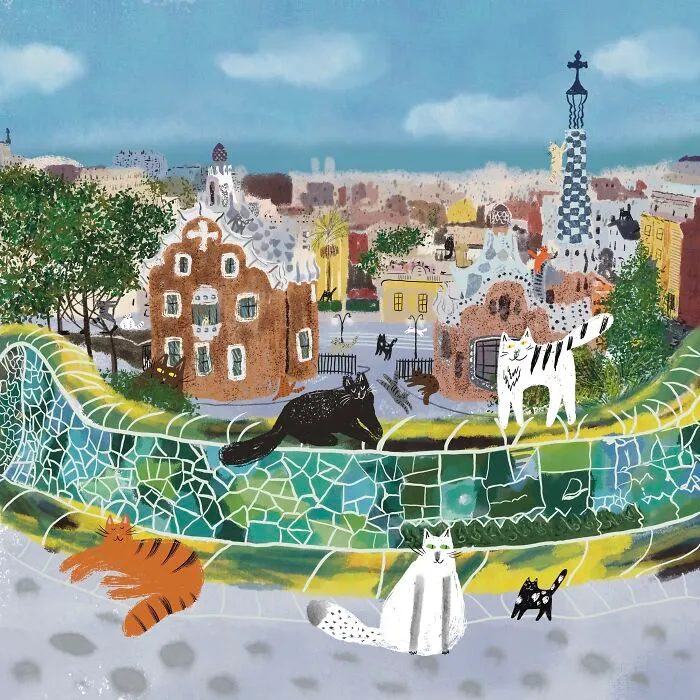 Cats In Gaudi Park, Barcelona, Spain