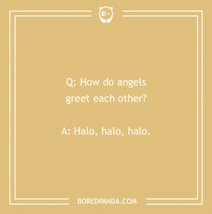 Bible jokes featured with a humorous question and answer about how angels greet each other in a lighthearted style.