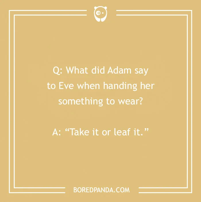 Bible joke about Adam and Eve with a pun on clothing to lift your spirits and bring humor from biblical stories.