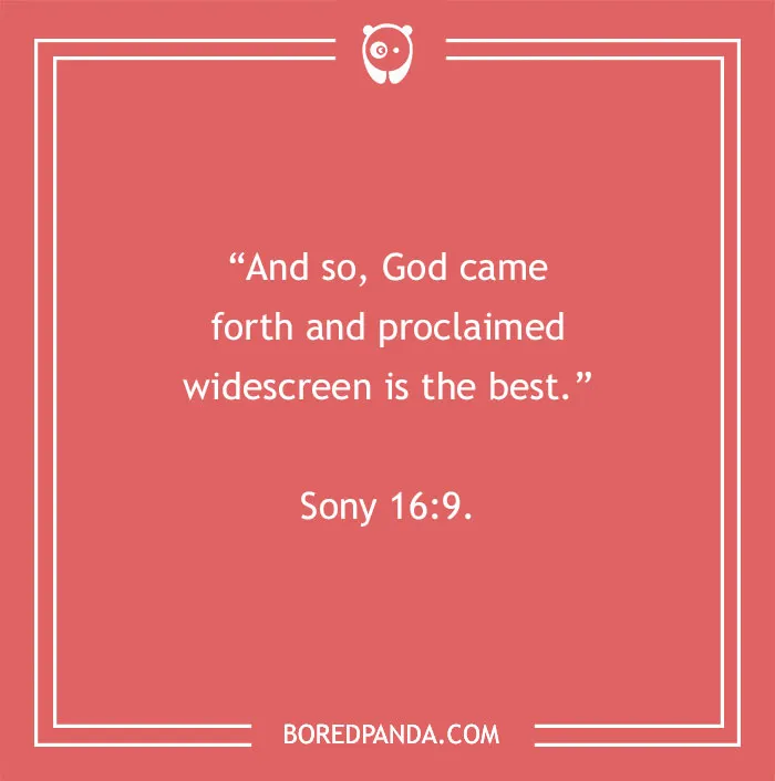 Bible jokes on a red background with a humorous quote about God proclaiming widescreen as the best.