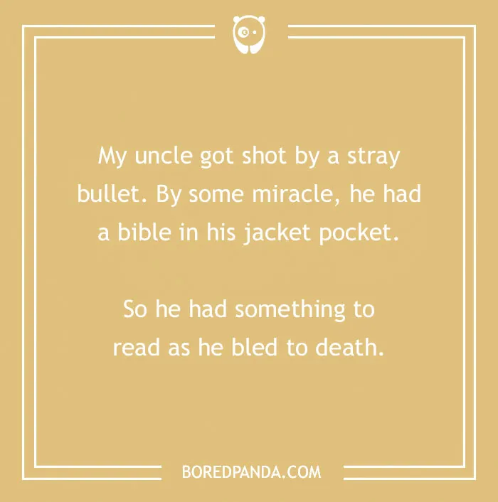 Text joke about a stray bullet and a Bible, featured in a collection of Bible jokes to lift spirits.