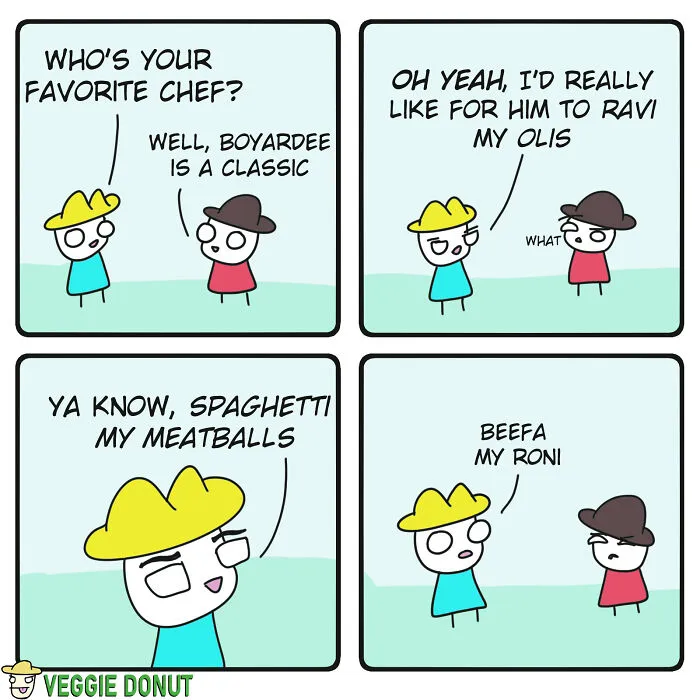 Comics About A Pair Of Friends Talking About Favorite Chefs, Punny Jokes veggiedonut