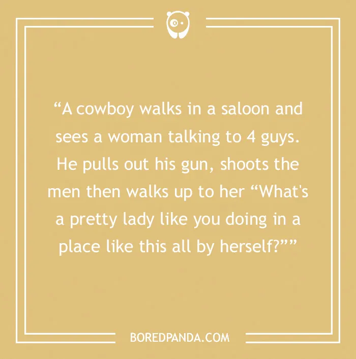 Cowboy joke text on a tan background, features a saloon scene with humorous twist.