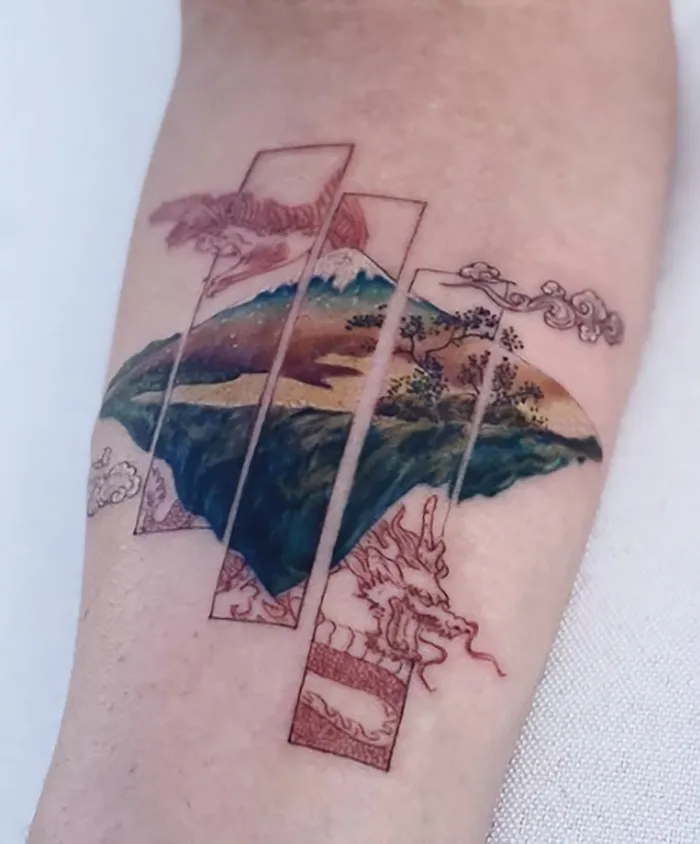 Landscape and dragon design in family tattoo symbolizing unbreakable bonds.