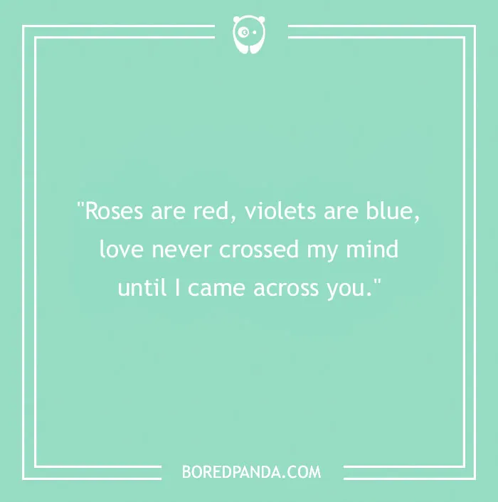 Text saying "Roses are red, violets are blue, love never crossed my mind until I came across you" on a green background.