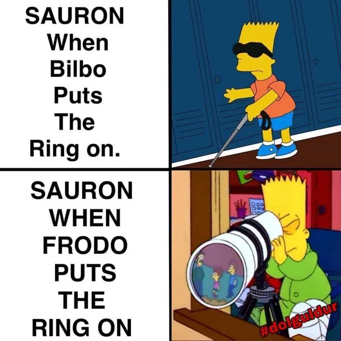 Cartoon character with sunglasses and cane contrasts with character using telescope, Middle Earth meme humor.