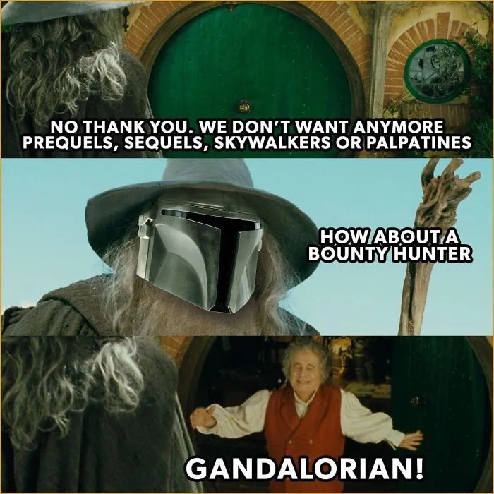 A Middle Earth character with a Star Wars helmet, humorous crossover meme.