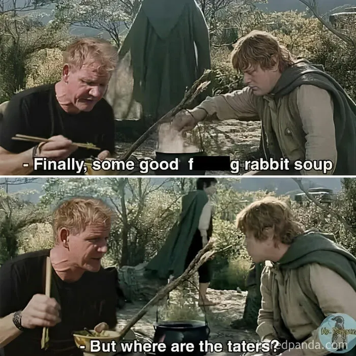 Chef humorously comments on rabbit soup, referencing Middle Earth with a friend.