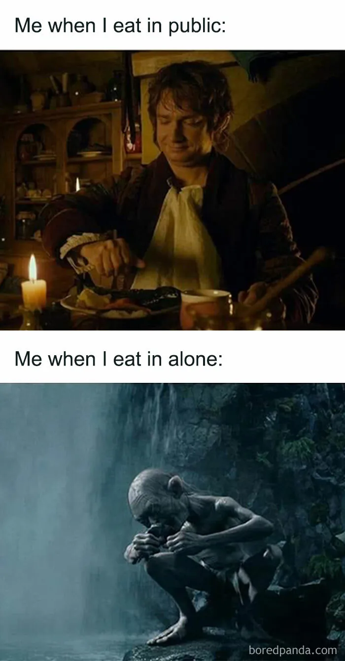 Middle Earth meme comparing public dining to private, featuring a hobbit eating and Gollum crouching by a waterfall.