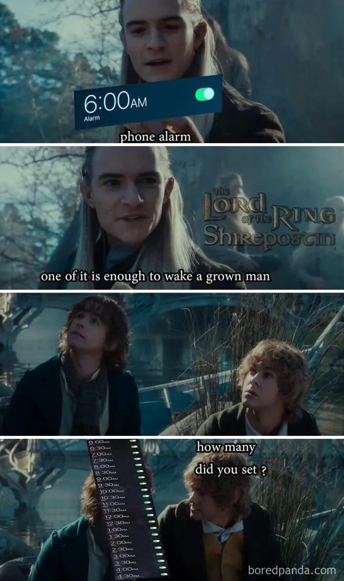 Middle Earth-inspired meme with characters discussing multiple phone alarms set from 6 AM, humorously referencing waking routines.