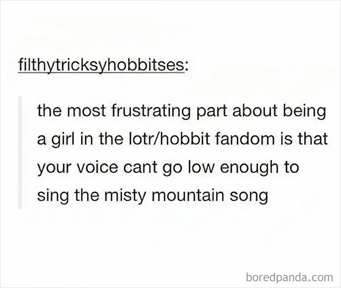 Meme about the struggle of singing Misty Mountain song in the LOTR/Hobbit fandom.