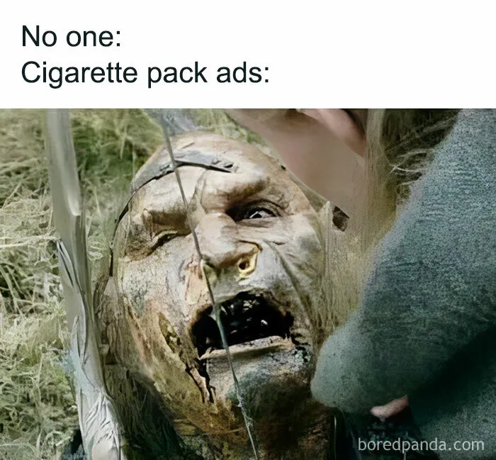 Middle Earth meme with a distorted, intimidating face resembling cigarette pack warning imagery.