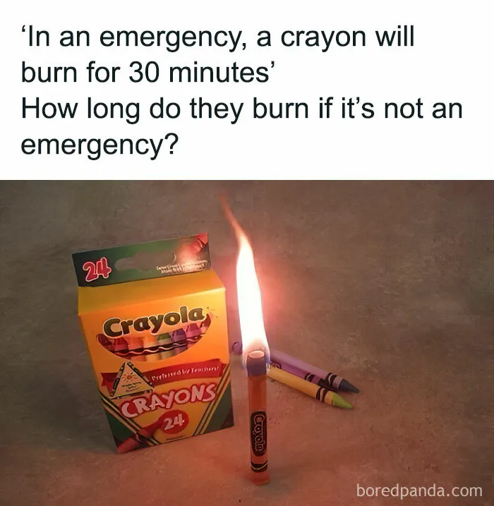 Crayon burning humor meme for pun enthusiasts with a Crayola box.