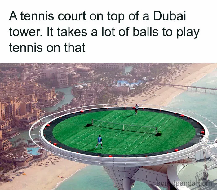 Dubai tennis court meme with players on a rooftop, highlighting funny pun enthusiasts' humor.