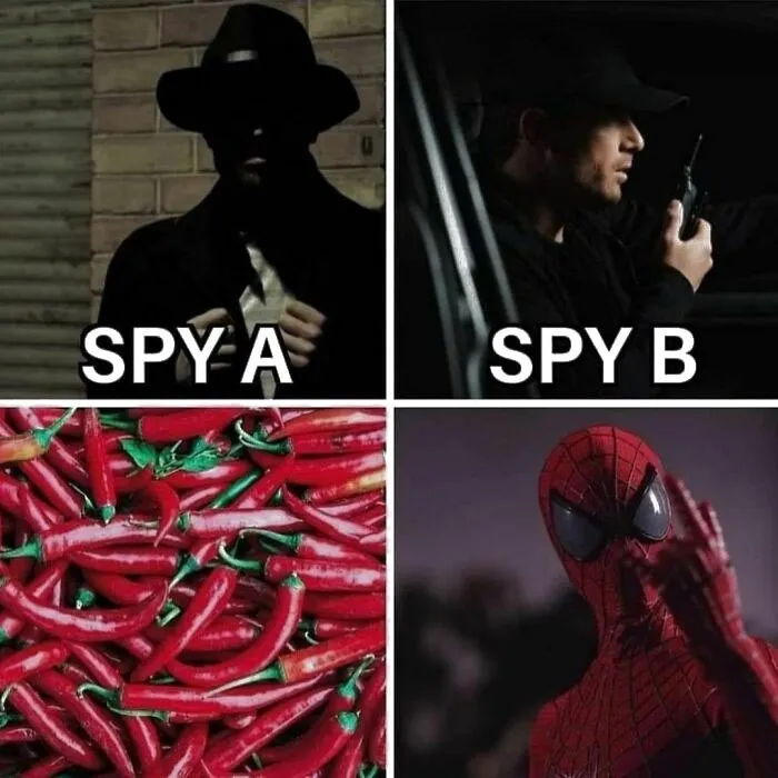 Spy A and Spy B images alongside spicy red chilies and a superhero meme for pun enthusiasts.