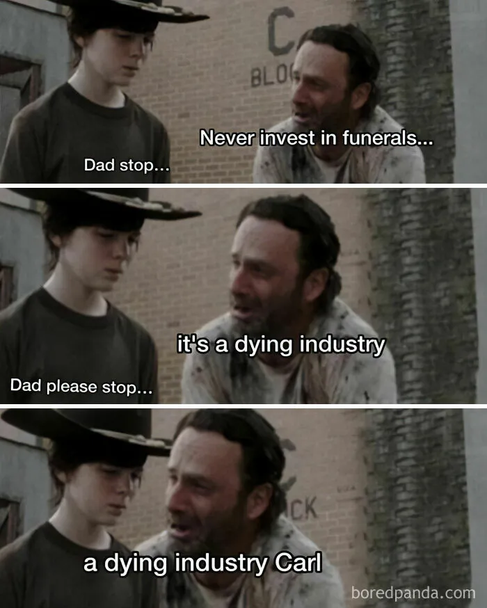 Father and son discussing, with a pun about funerals being a "dying industry," highlighting funny memes for enthusiasts.