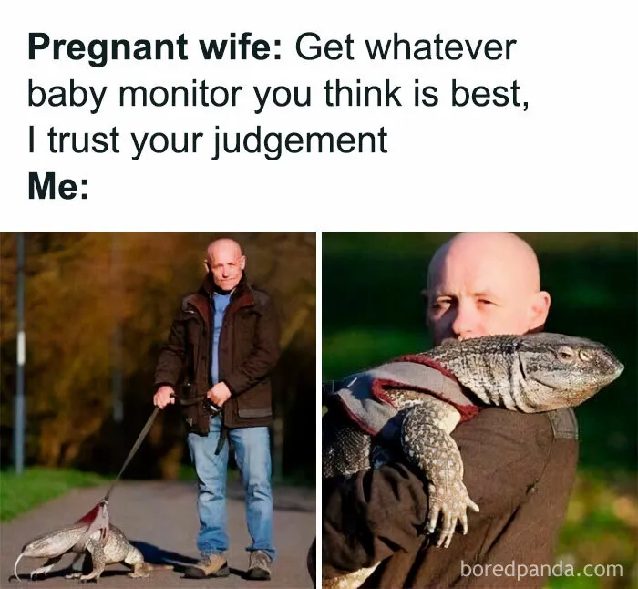 Man holding large lizard as a joke about a baby monitor, showcasing funny memes for pun enthusiasts.