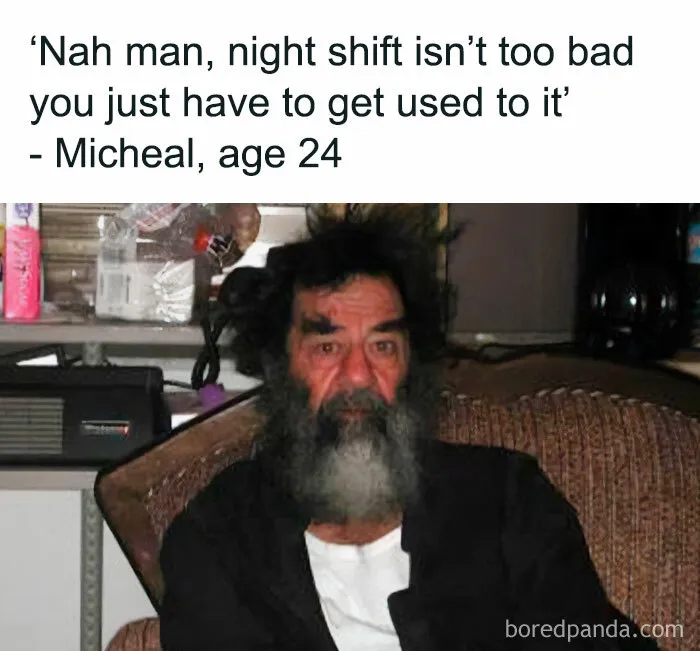 Bearded man with messy hair sitting on a couch with a caption about night shift work memes.