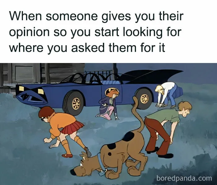 Scooby-Doo characters humorously searching for a lost opinion; work memes for productivity breaks.