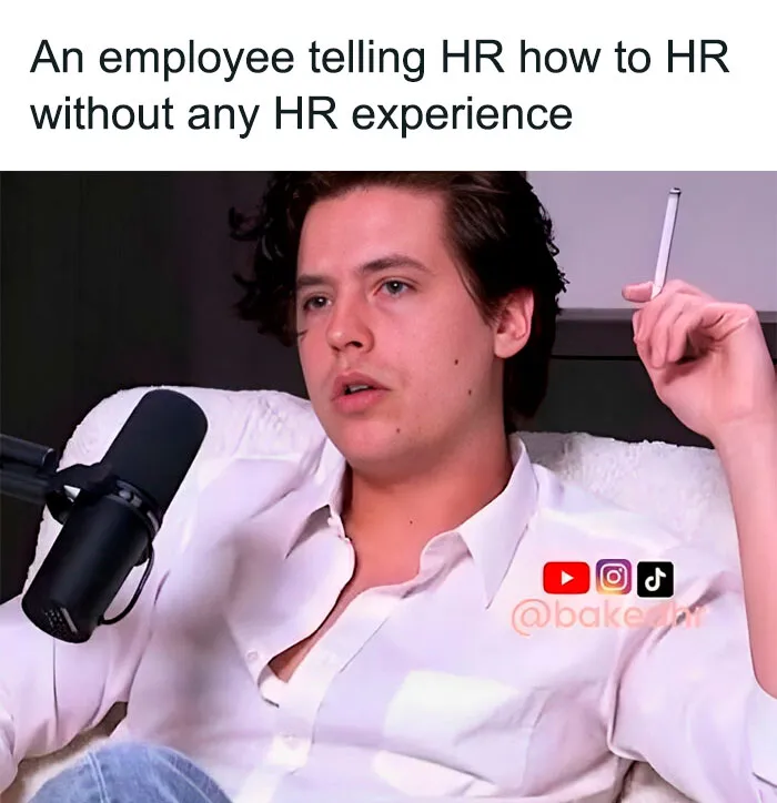 Person with a microphone and cigarette, embodying a humorous HR meme setting.