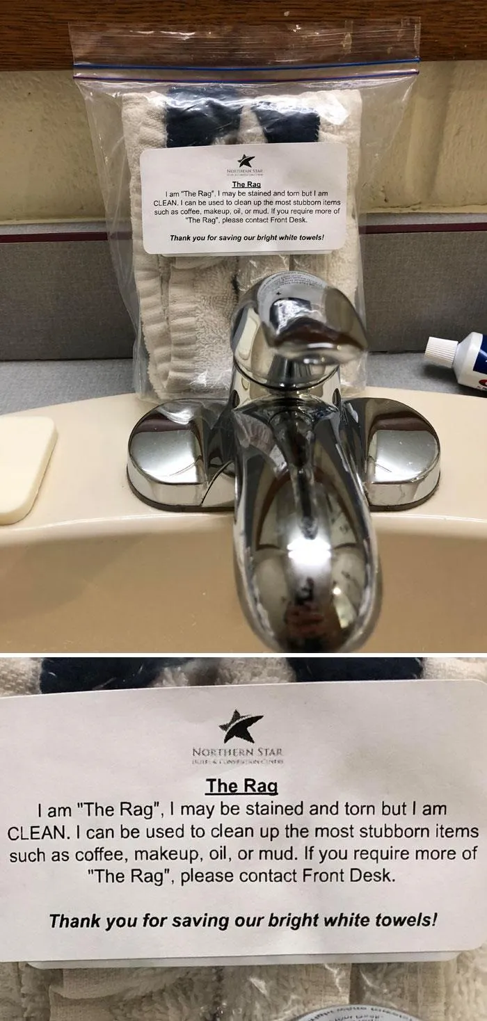 This Bag Of Old/Stained Face Towels Have Been Re-Used As “Rags” At This Hotel