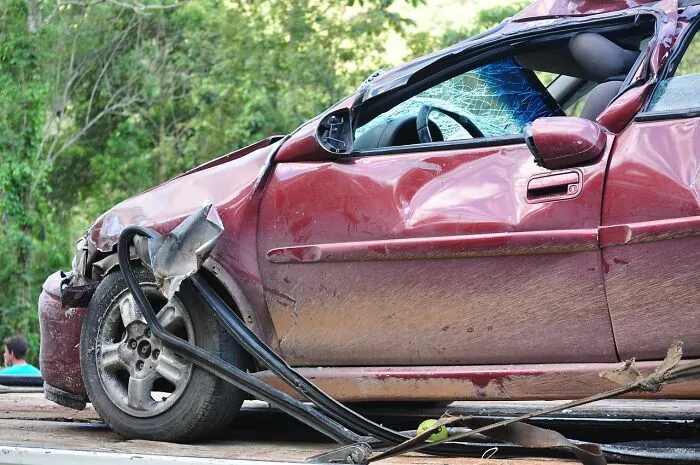 crashed red car