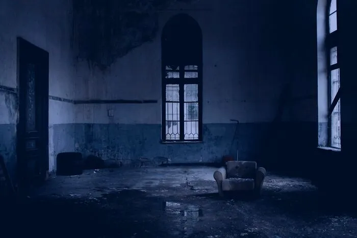 dar room with windows