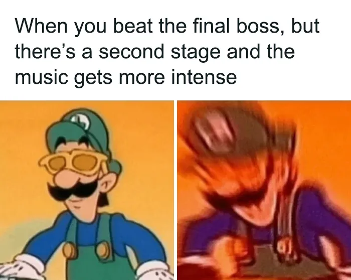 Funny Mario meme with Luigi looking calm on the left and panicked on the right, reflecting gaming intensity.