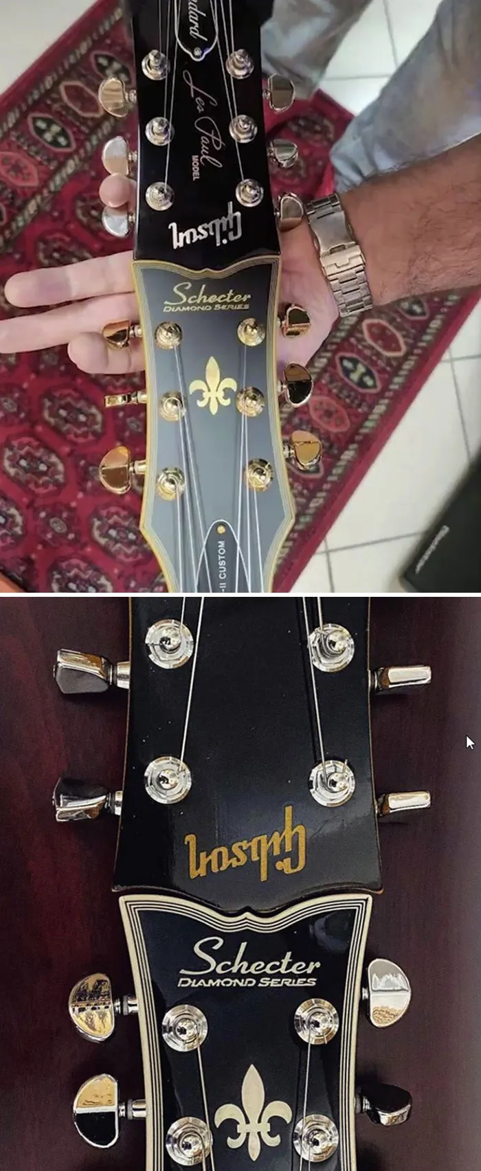 Guitarras Gibson y Schecter encajando perfectamente por el clavijero