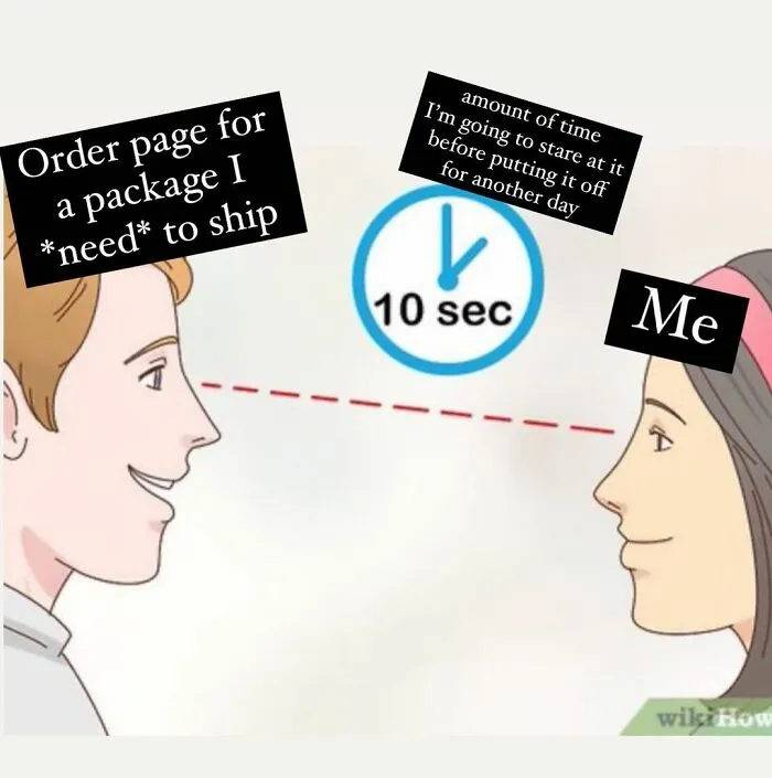 Cartoon of small biz owner procrastinating shipment, with a 10-second timer between two faces.