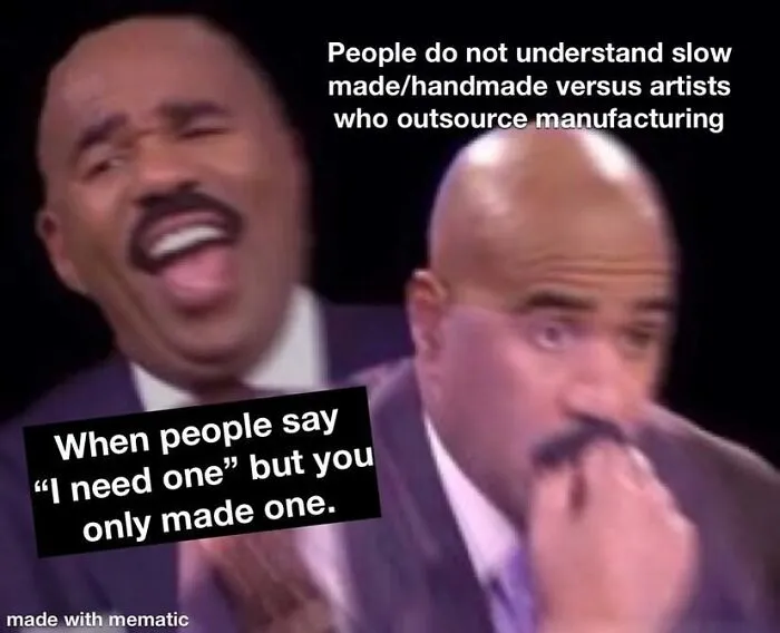 Meme depicting small biz owner frustrations with manufacturing expectations vs reality, featuring two humorous reactions.