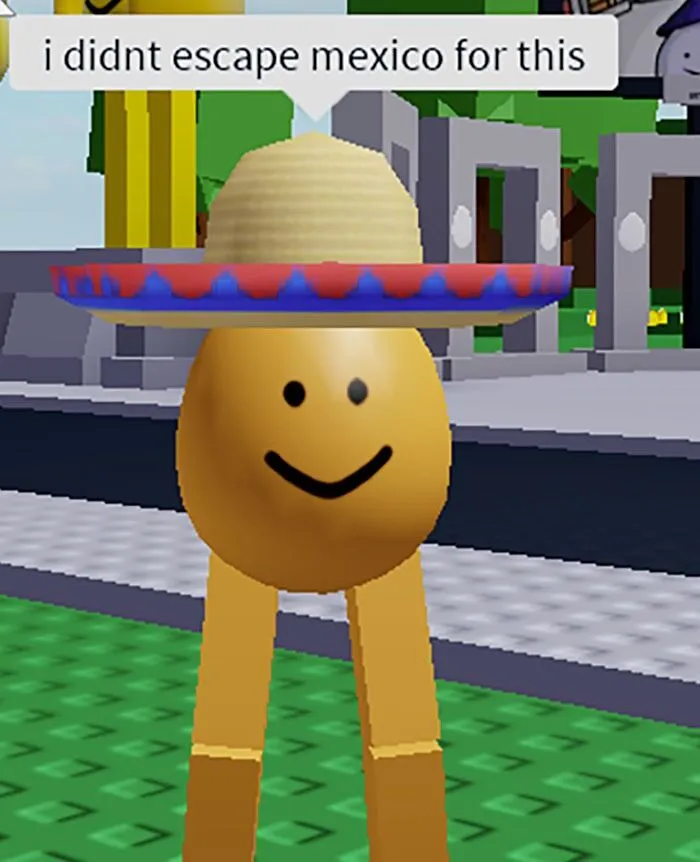 Cursed meme featuring a Roblox egg character wearing a sombrero with humorous text in-game setting.