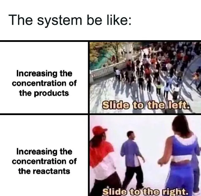 Chemistry meme about system equilibrium, showing people sliding left and right based on reactant and product concentrations.