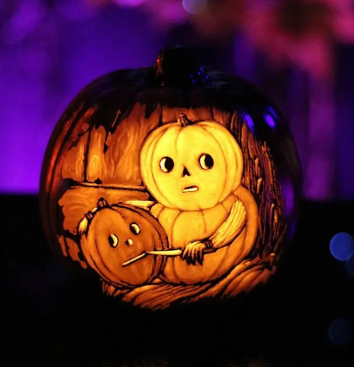 A Lil Over The Garden Wall Inspired Carve On 6.5” Michaels Foam Pumpkin. It’s A Pumpkinception