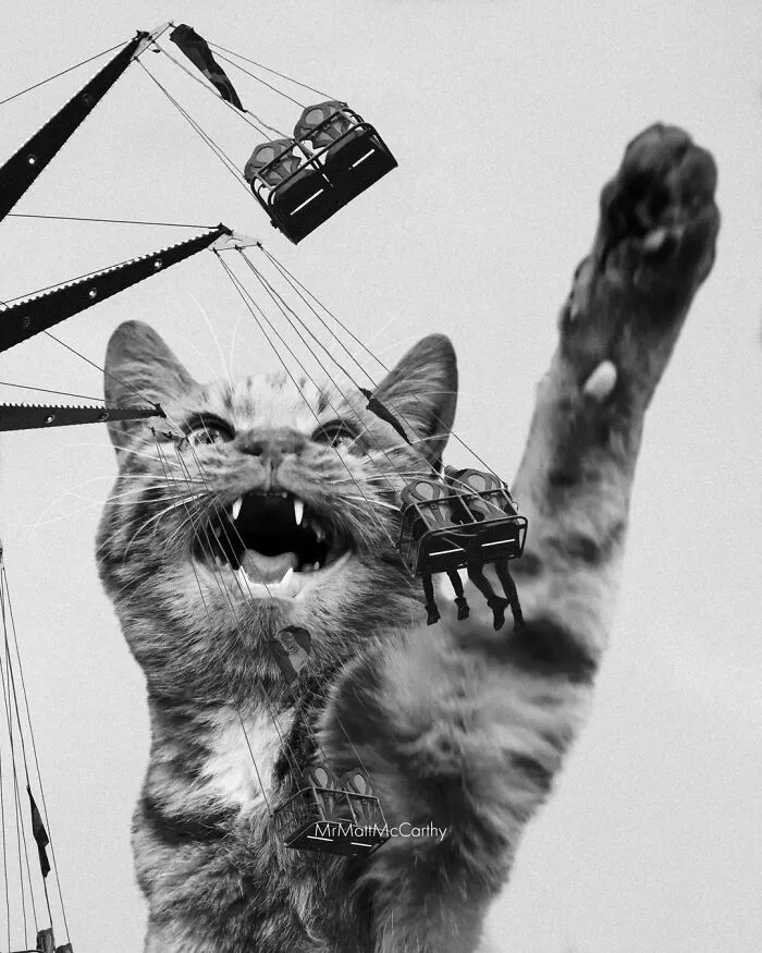 30 Adorably Unsettling Art Pieces That Show Giant Cats Ruling The World, As Imagined By This Artist