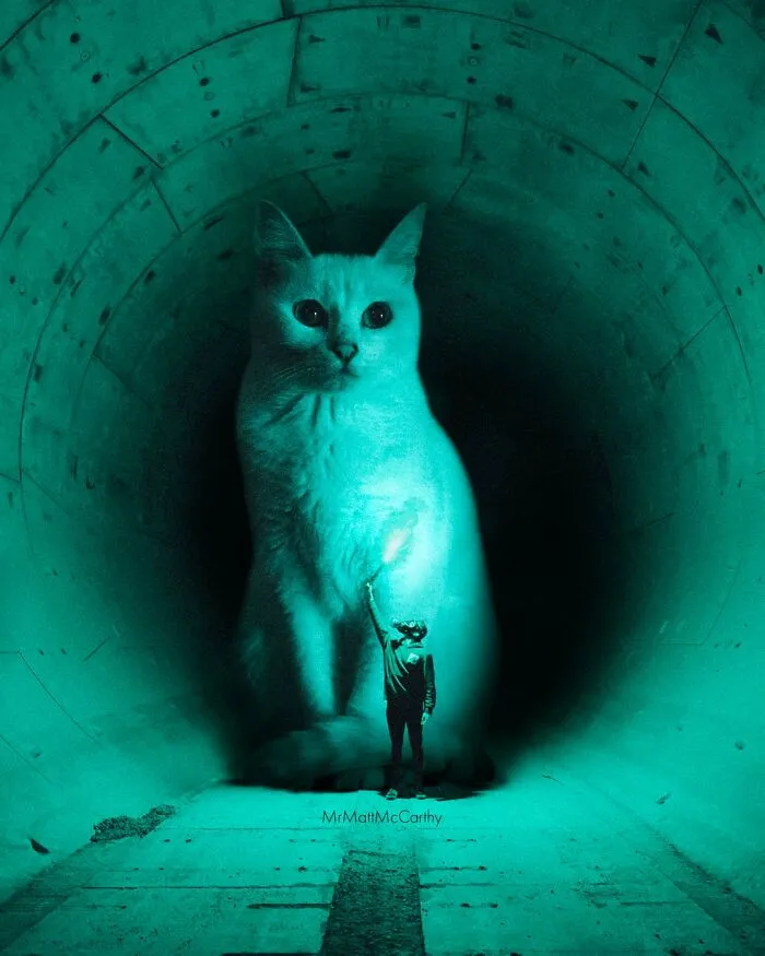 30 Adorably Unsettling Art Pieces That Show Giant Cats Ruling The World, As Imagined By This Artist