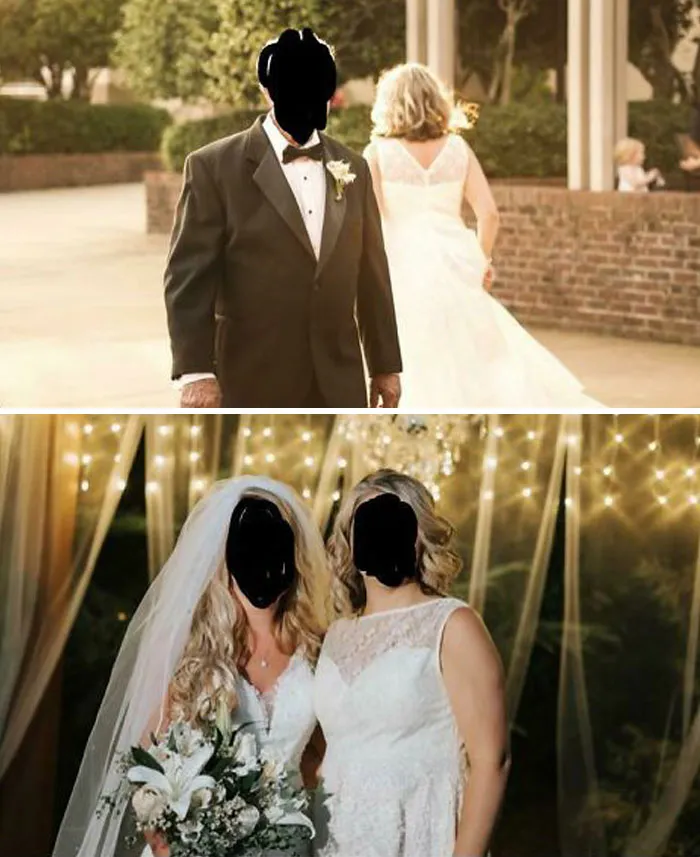 La novia pidió que no se pusieran vestidos color crema, blancos, o negros. Olvidó decir que no se pusieran vestidos de novia. Esta mujer vino con un vestido "amarillo" con cola