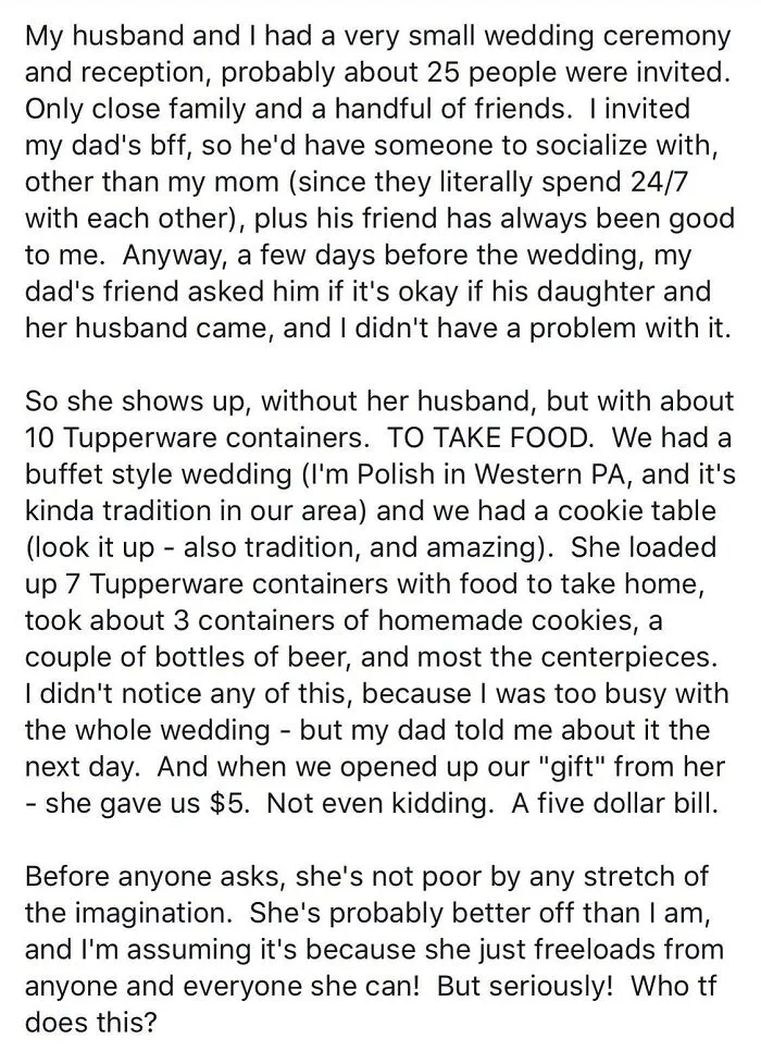 A Guest Filled 7 Tupperware Containers With Food From The Wedding Reception And Gave The Couple 5 USD As A Gift