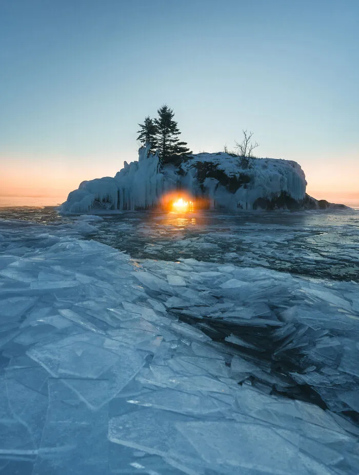 So Glad I Got Up For This -15°f Sunrise. There's Only A Handful Of Days In The Year Where The Morning Light Lines Up Perfectly With The Hole In Hollow Rock. Grand Portage, MN