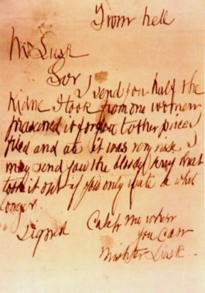 The “From Hell” Letter, Sent By Jack The Ripper To The President Of The Whitechapel Vigilance Committee That Was Pursuing Him