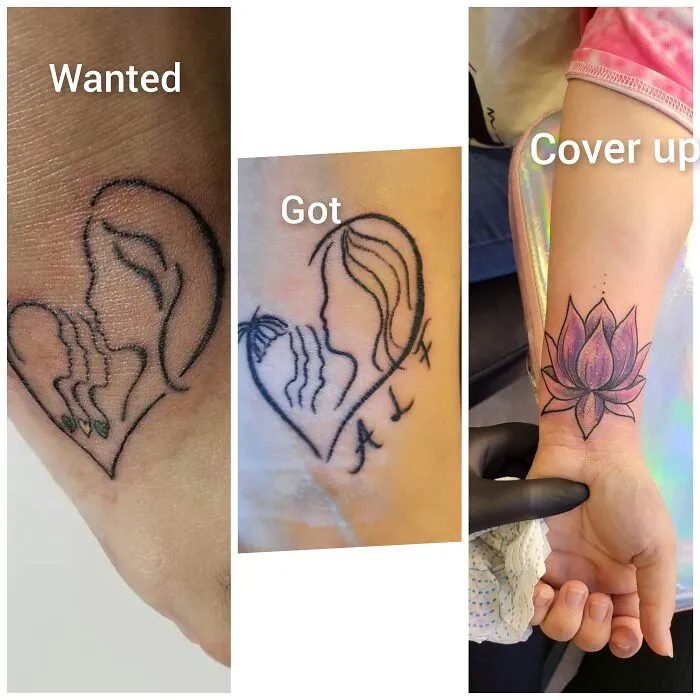 Tattoo cover-up transformation showing heart design replaced by a lotus flower on a person's forearm.