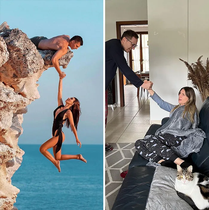 This Couple Hilariously Recreates Influencer Photos With Stuff They Find At Home, And Here’s The Result (35 Pics)